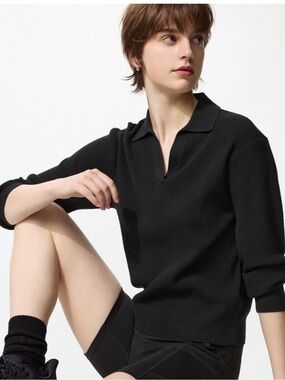 UNIQLO Women's Washable Knit Ribbed Polo Sweater